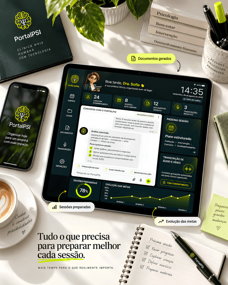PortalPSI aberto num tablet e num telemóvel, com análise clínica e transcrição de áudio